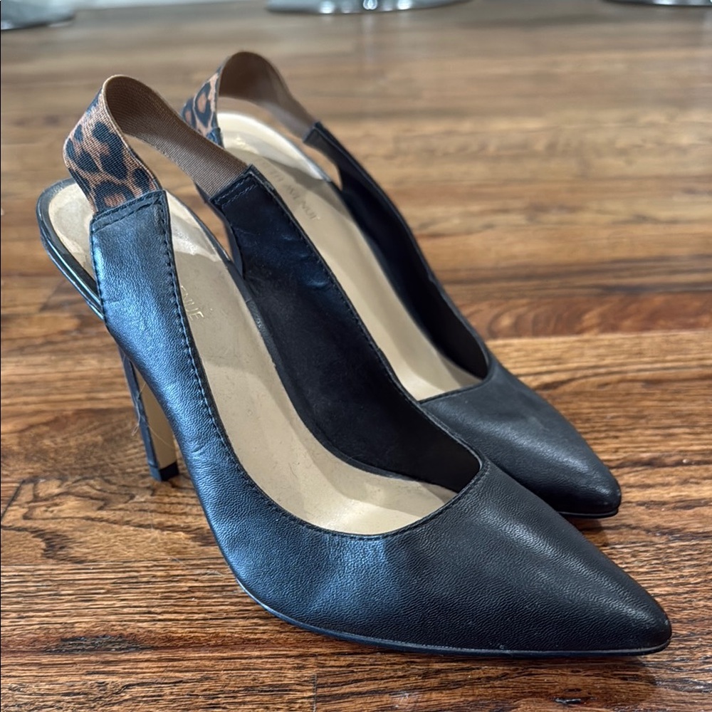Black Leather Slingback Heels w/Leopard Accent
